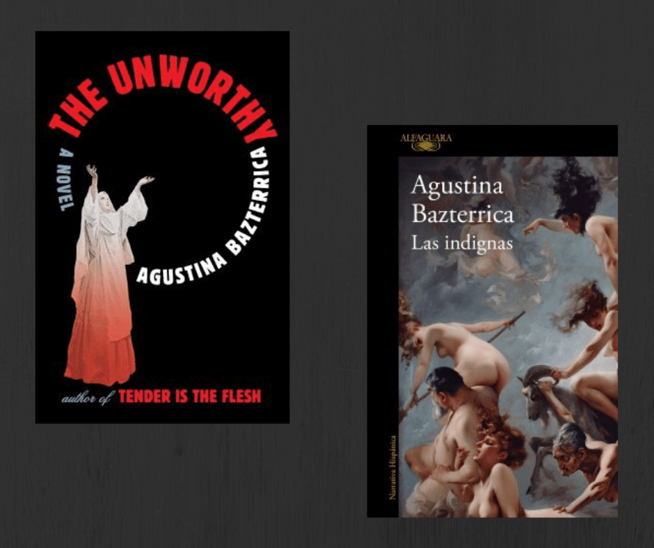 Covers for the Spanish and English versions of The Unworthy. English version shows a woman in a nun's habit with her arms in the air. Spanish version shows a Renaissance style painting with nude people and a ram.